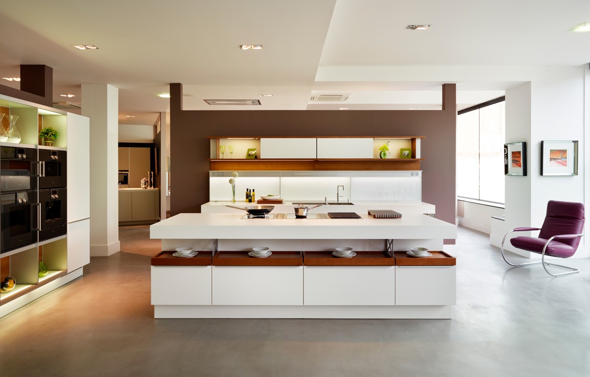 Modern luxury kitchen layout with island and seating